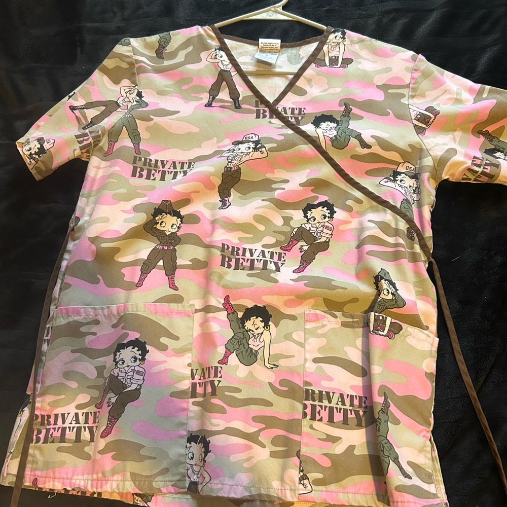 Pink Camo Cartoon Print Scrub Top